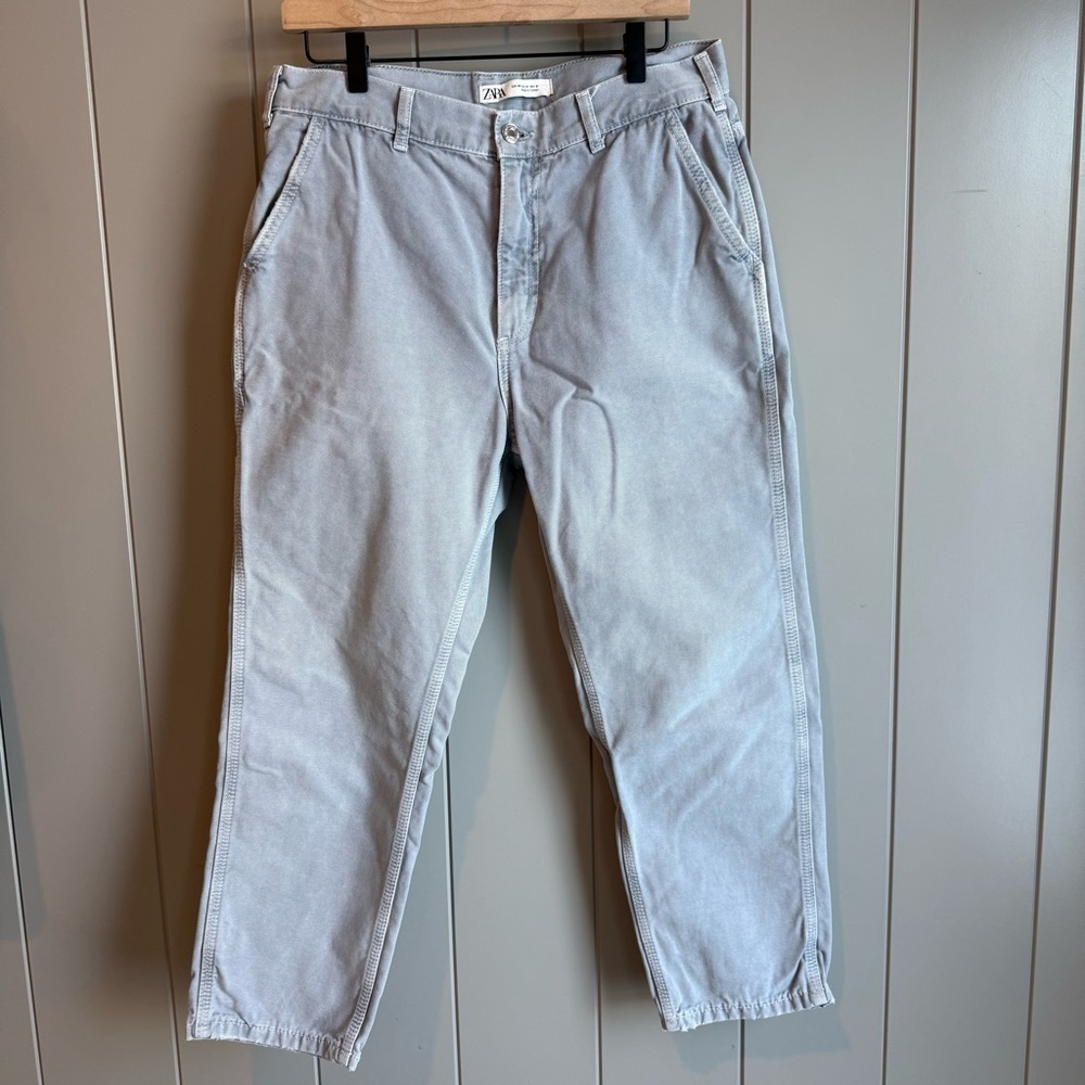 Zara Womens Carpenter Size 31 Straight Utility Ankle Washed Jeans Blue Gray